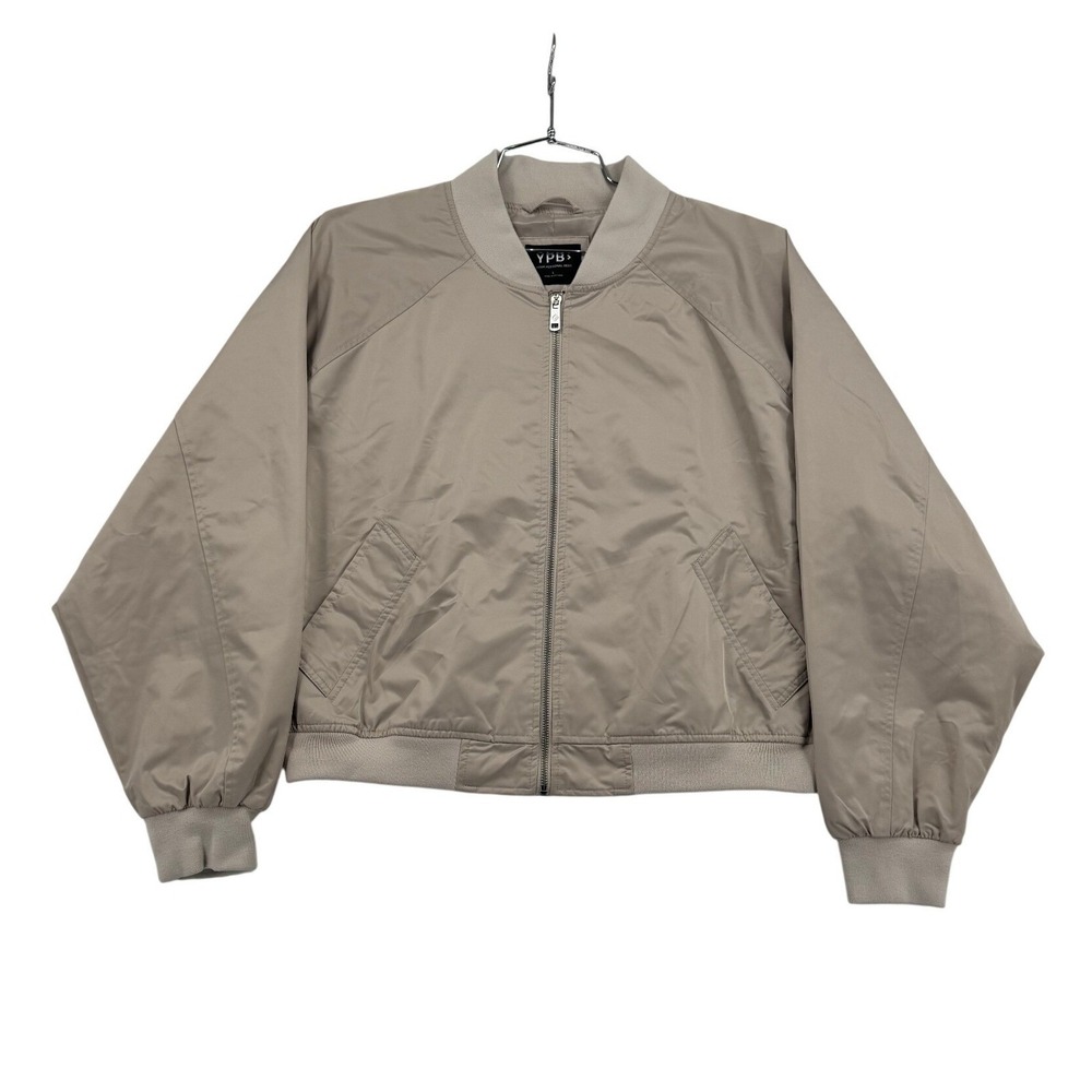 Abercrombie YPB Bomber Jacket Women L Beige Tan Excellent Zip Up Raglan 115A0082